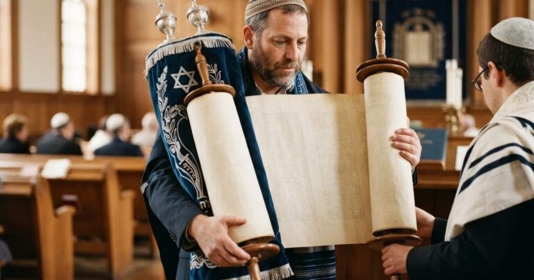 Torah scroll open on bimah for shemini atzeret simchat torah